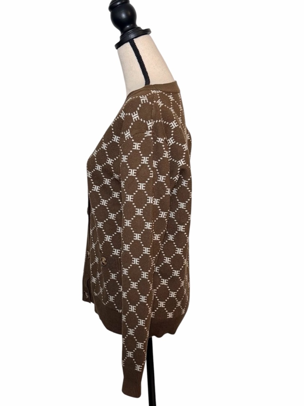 Ellandemm Woman’s Monogram Preppy Academia Cardigan Brown & Ivory 
Size S/M - Picture 6 of 9